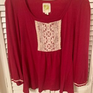 Anthropologie vibrant pink top with lace accent